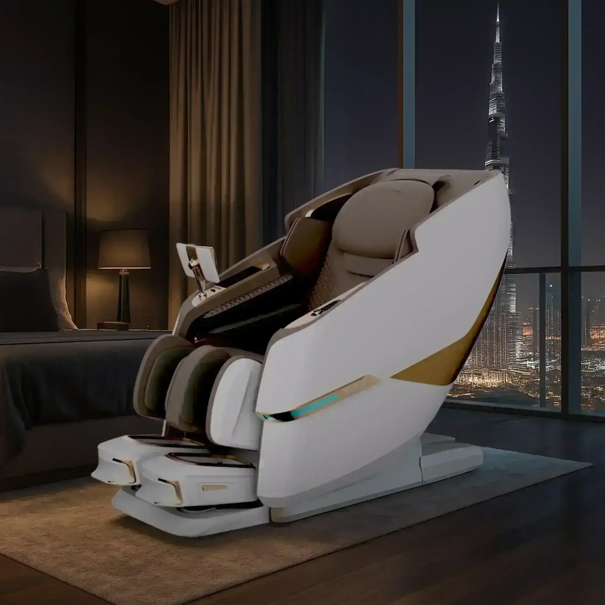 Azure wellness lounge with massage chair